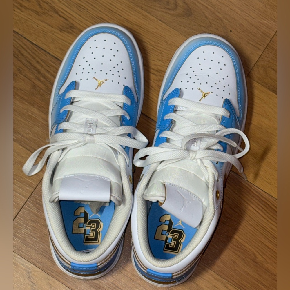 Kids White and Blue Jordan Sneakers
